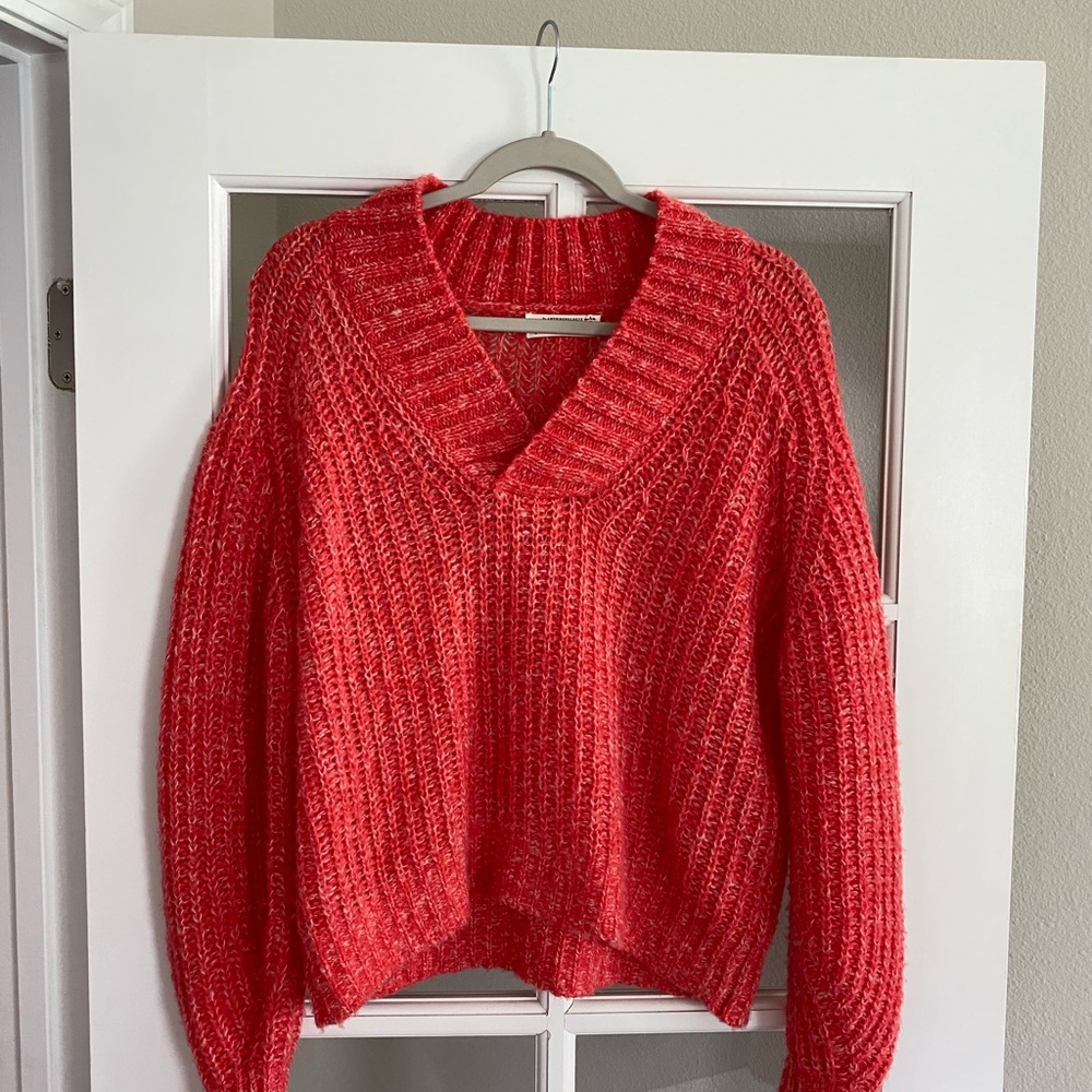 A By Anthropologie Vibrant Red and White V-Neck Sweater